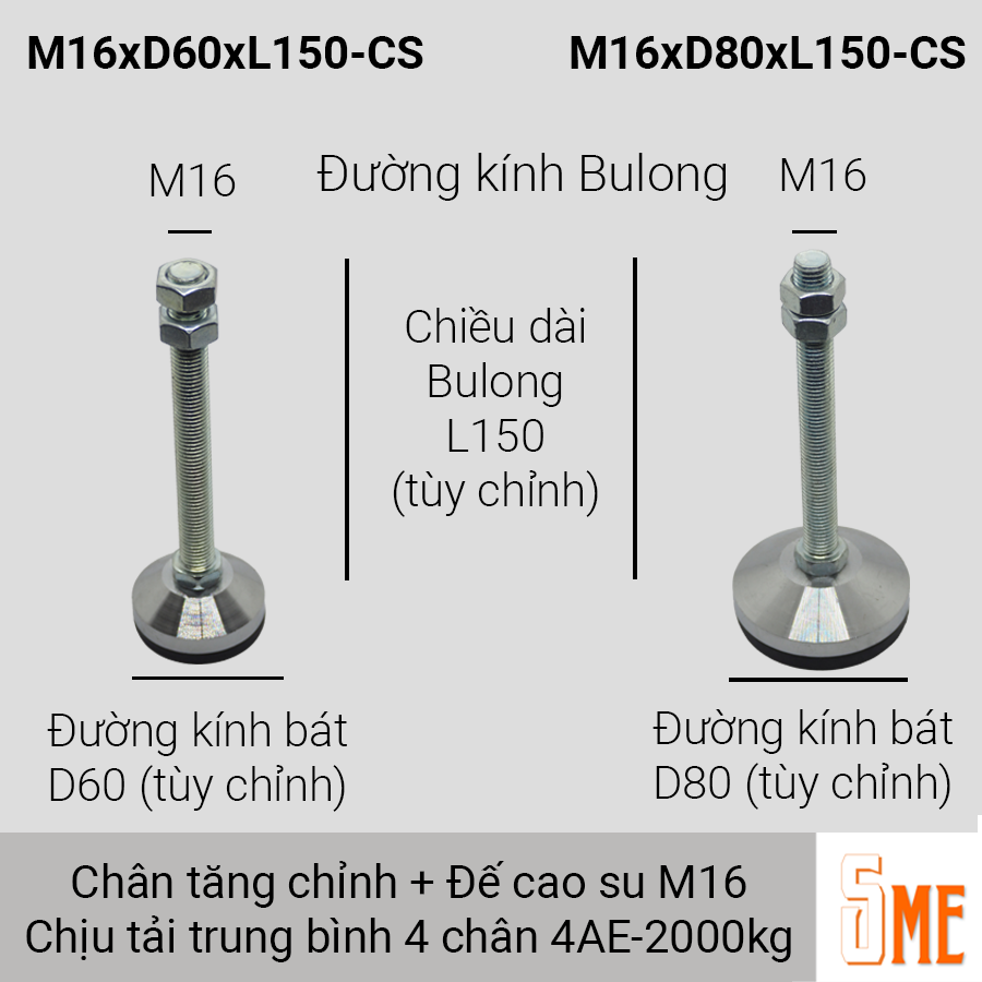 Chi tiết kỹ thuật chân tăng chỉnh M16xD60xL150 với đế cao su