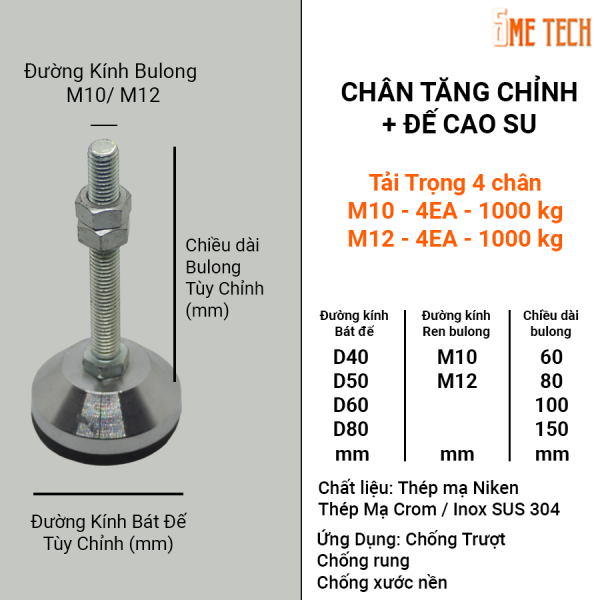 “Chân tăng chỉnh M10xD60xL100 điều chỉnh chiều cao cho tủ điện”