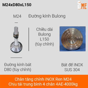 chân tăng chỉnh inox M24 M24xD80xL150 chịu lực 4000kg/4ea
