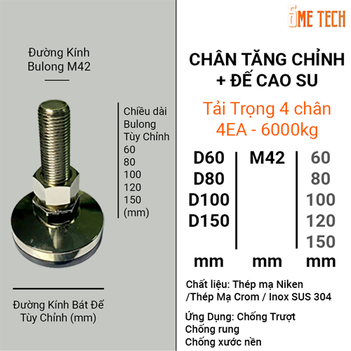 Thông số kỹ thuật chân tăng chỉnh inox M42 M42xD150xL150 chịu lực 6000kg/4ea