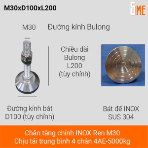 Chân tăng chỉnh inox M30 M30xD100xL200 chịu tải 5000kg/4ea