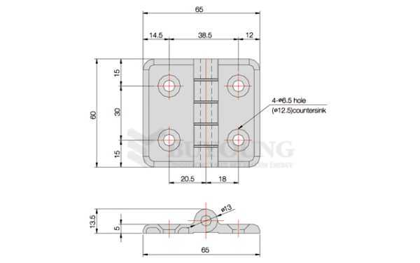 Chi tiết kỹ thuật bản lề công nghiệp BYH6070-38 60x70x5mm khoảng cách lỗ 38mm