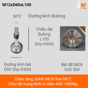 Chân tăng chỉnh inox M12xD60xL100 chịu tải nặng 1000kg/4ea