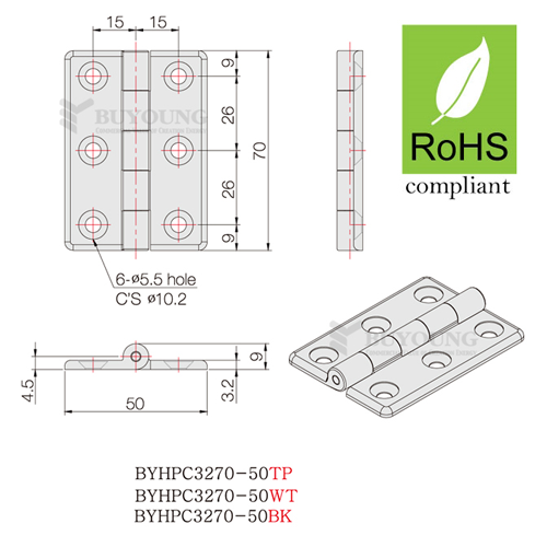 Thông số kỹ thuật bản lề nhựa BYHPC3270-50 kích thước 70x50x3.2mm
