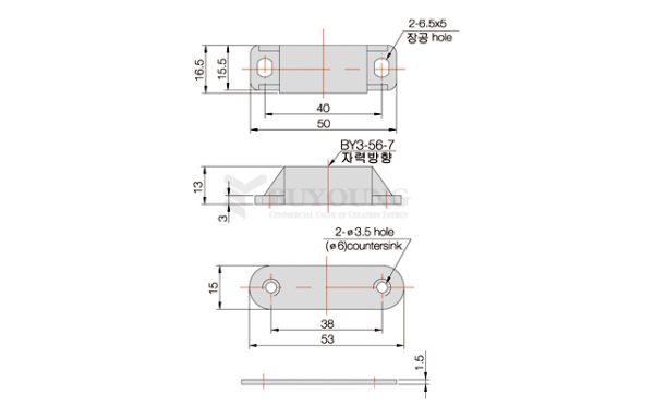 Thông số kỹ thuật nam châm hít cửa BY3-56-7 kích thước 53mm lực hút 17N