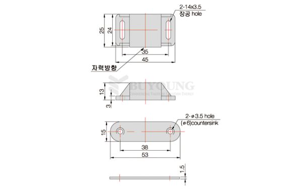 Thông số kỹ thuật nam châm hít cửa BY3-56-8 với kích thước chi tiết