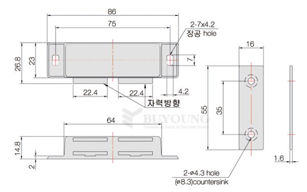 Thông số kỹ thuật nam châm hít cửa BY3-1-3 kích thước 86mm