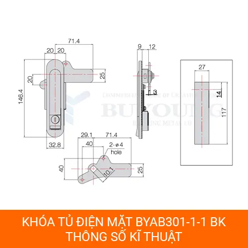 Bản vẽ kỹ thuật khóa BYAB301-1-1 BK, kích thước 146x32,8 mm