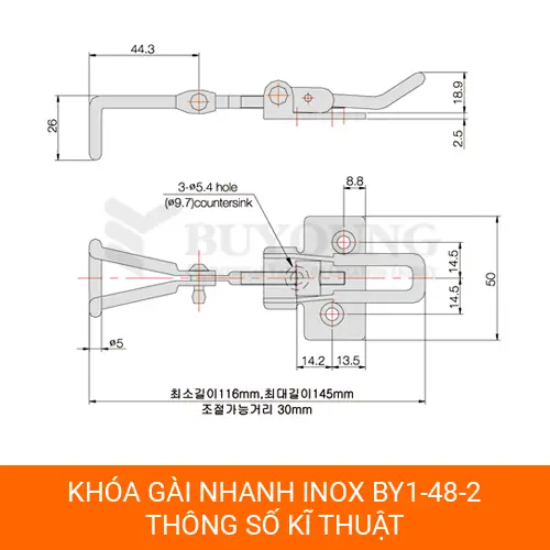 Bản vẽ kỹ thuật khóa BY1-48-2, điều chỉnh từ 116mm đến 145mm