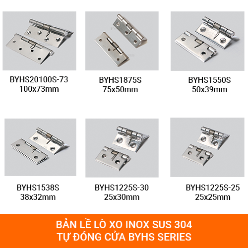 Các chủng loại bản lề lò xo BYHS series, từ 25x25mm đến 100x73mm