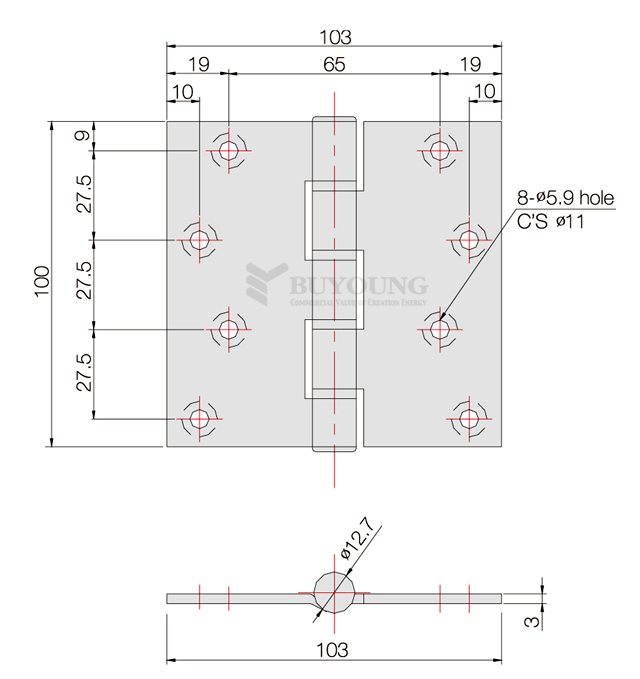 Bản vẽ kỹ thuật bản lề BYHAS30100-103, chống bụi, khoảng cách tâm lỗ 65mm