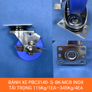 Bánh xe inox 304 PBC3140-S-BK-MCB đường kính 86.5mm chống ăn mòn cao
