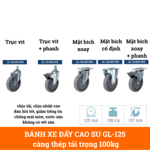 Bánh xe đẩy cao su GL-125 đường kính 125mm chịu lực 100kg giảm chấn
