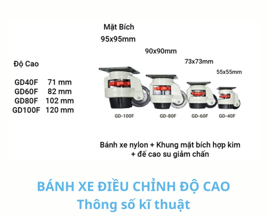 Thông số kỹ thuật bánh xe GD-60F FootMaster chịu tải 250kg/bánh với thiết kế chắc chắn và chống rung hiệu quả.