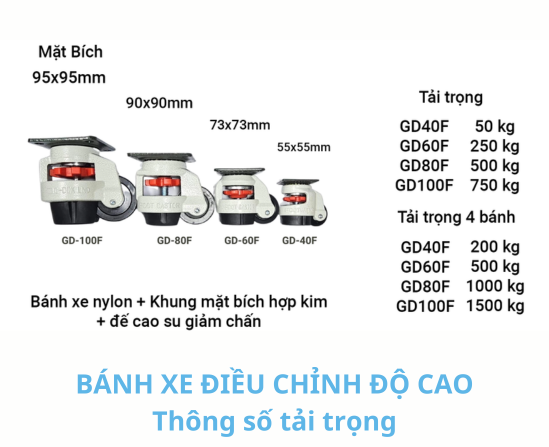 Bánh xe tăng chỉnh GD-60F tải trọng 250kg/bánh và 500kg/4 bánh cho thiết bị công nghiệp tải trung bình.