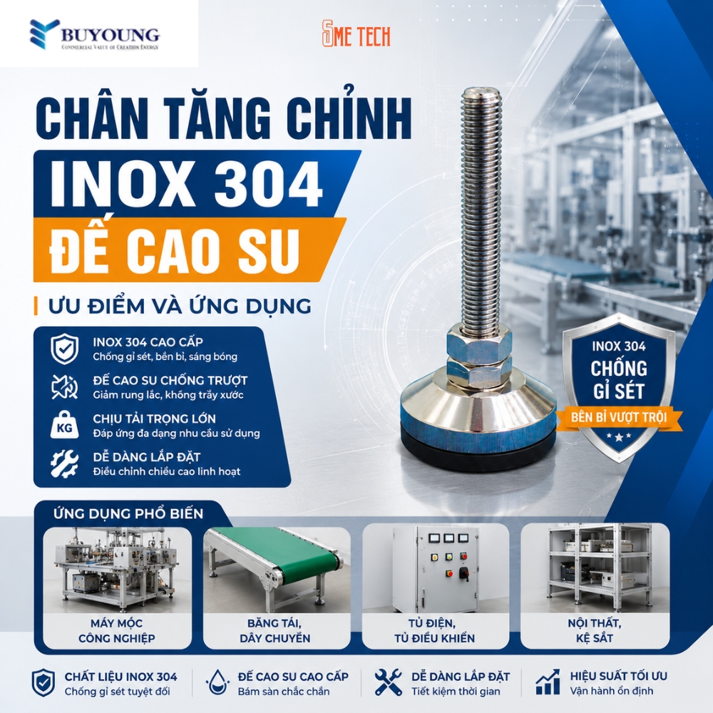 Chân tăng chỉnh inox 304 đế cao su chống gỉ, chịu tải tốt và dùng bền trong môi trường công nghiệp