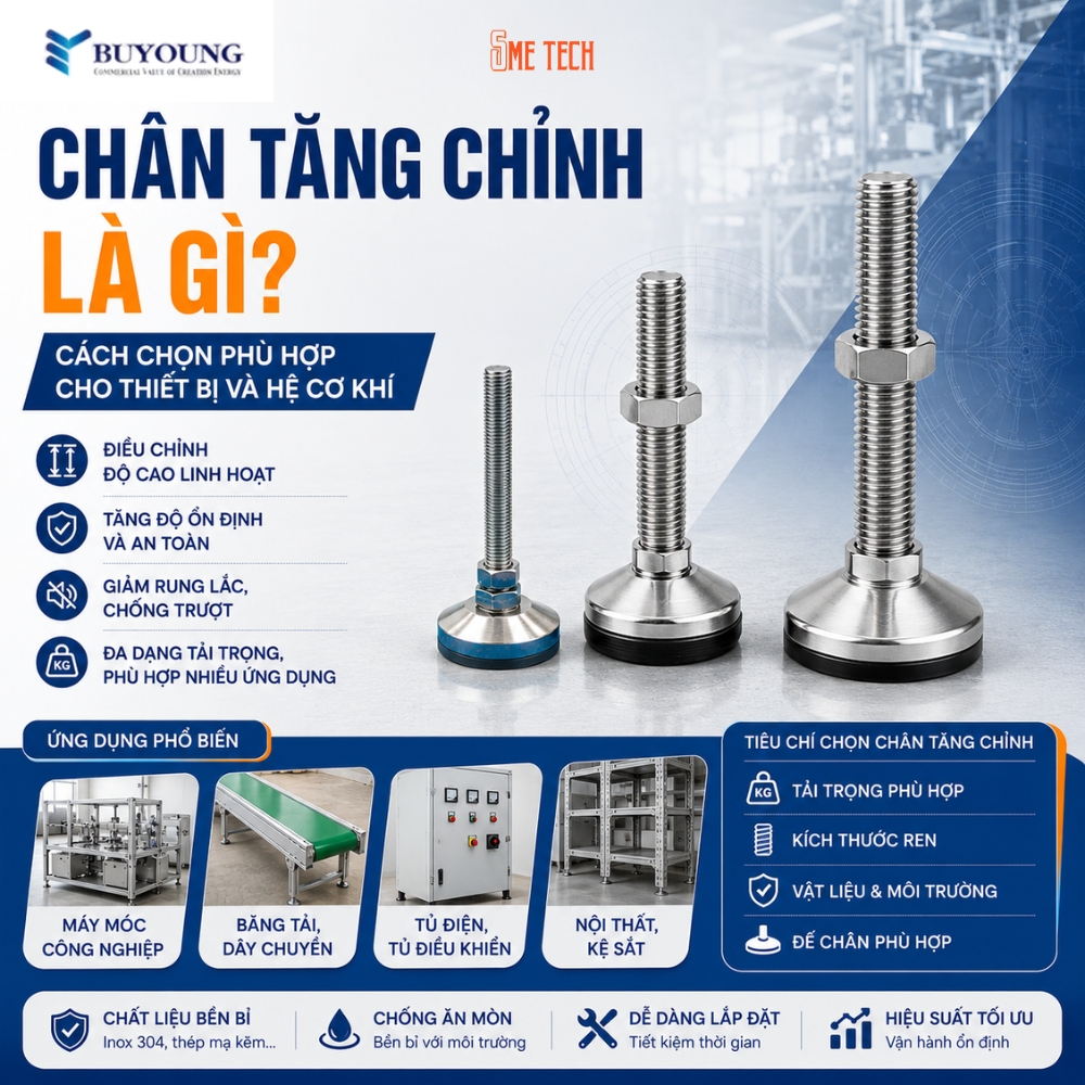 Các loại chân tăng chỉnh inox và chân tăng chỉnh đế cao su dùng cho máy móc, băng tải, tủ điện