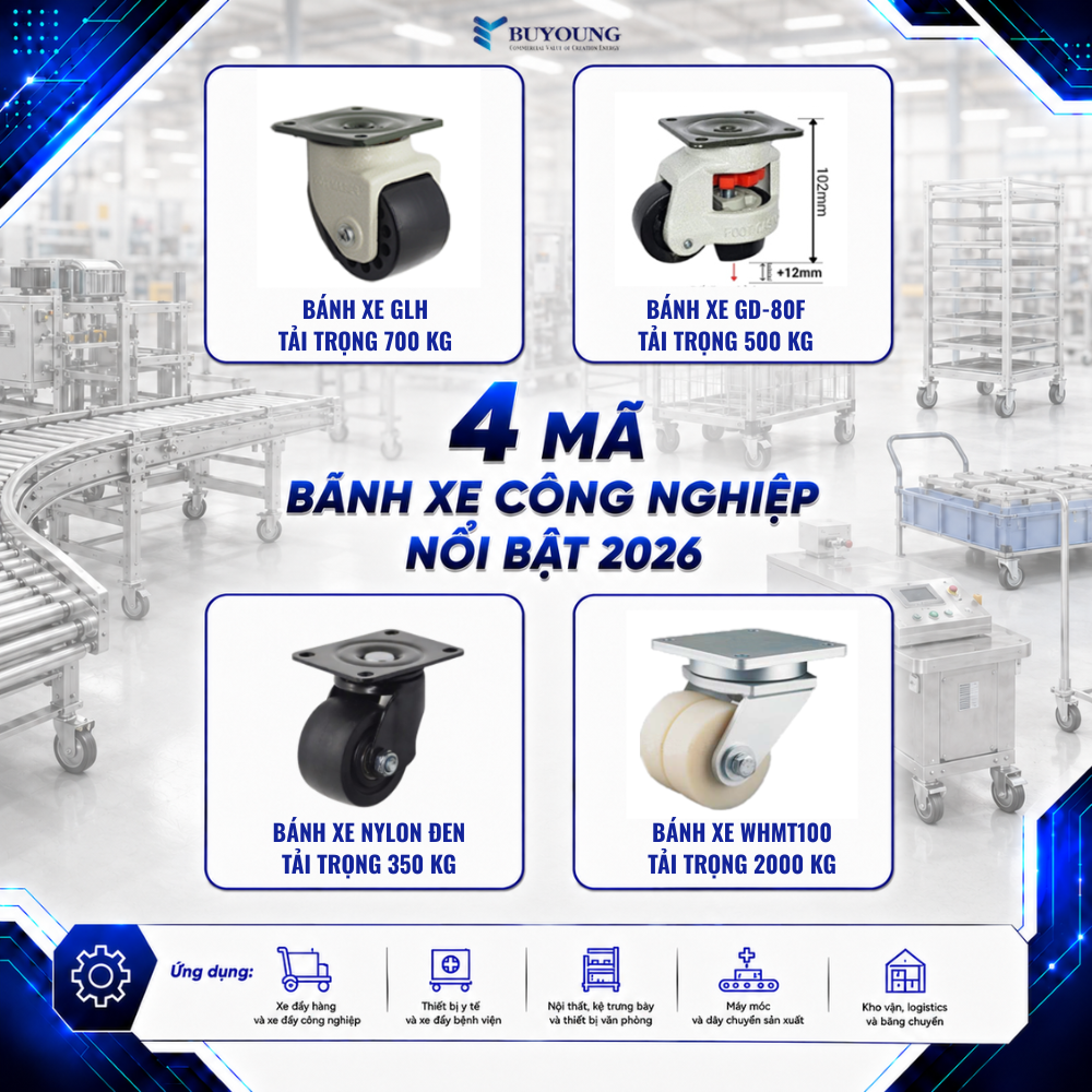 so sánh 4 mã bánh xe công nghiệp Buyoung nổi bật 2026 gồm GLH-75 GD-80F bánh xe Nylon đen và WHMT100