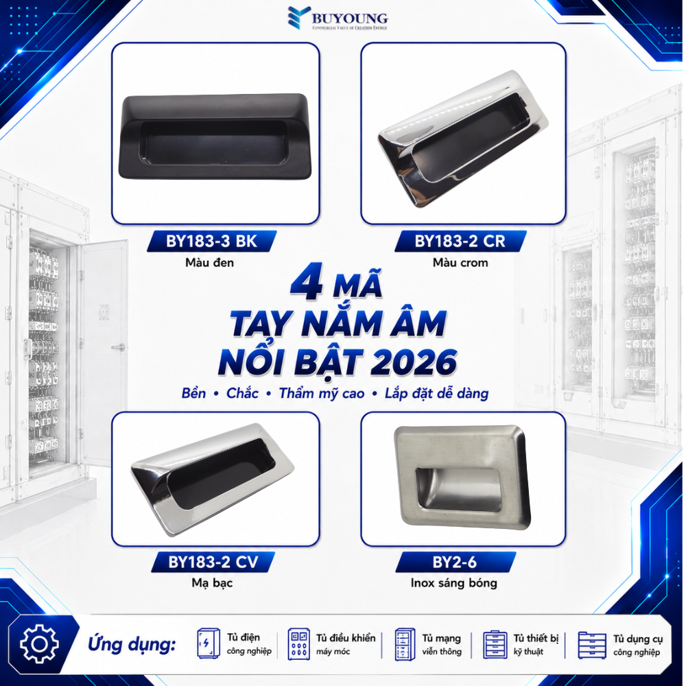 so sánh 4 mã tay nắm âm công nghiệp Buyoung nổi bật 2026 gồm BY183-3 BK BY183-2 CR BY183-2 CV BY2-6