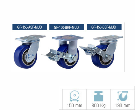 Bánh xe PU GF-150-ARF-MUD càng cố định tải trọng 800kg G-DOK