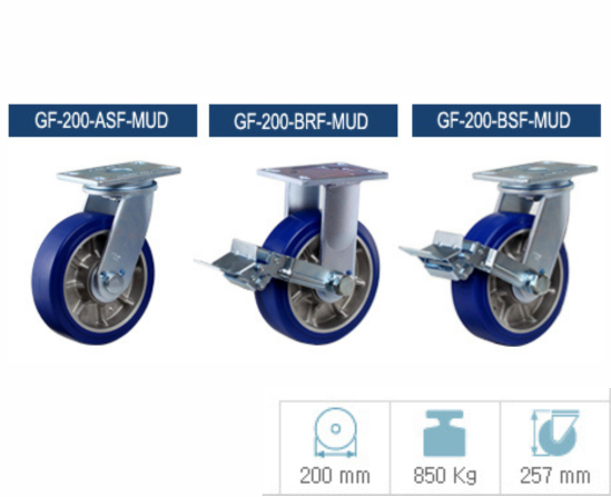 Bánh xe PU GF-200-ARF-MUD càng cố định tải 850kg Ø200mm G-DOK